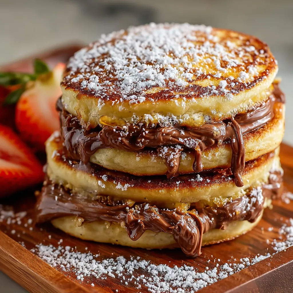 A stack of three pancakes with Nutella and powdered sugar.