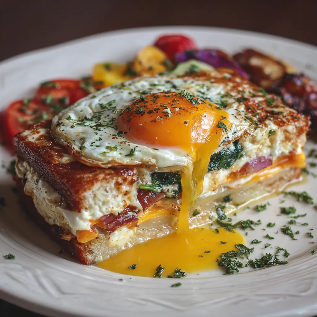 A plate of food with a fried egg on top of a sandwich.