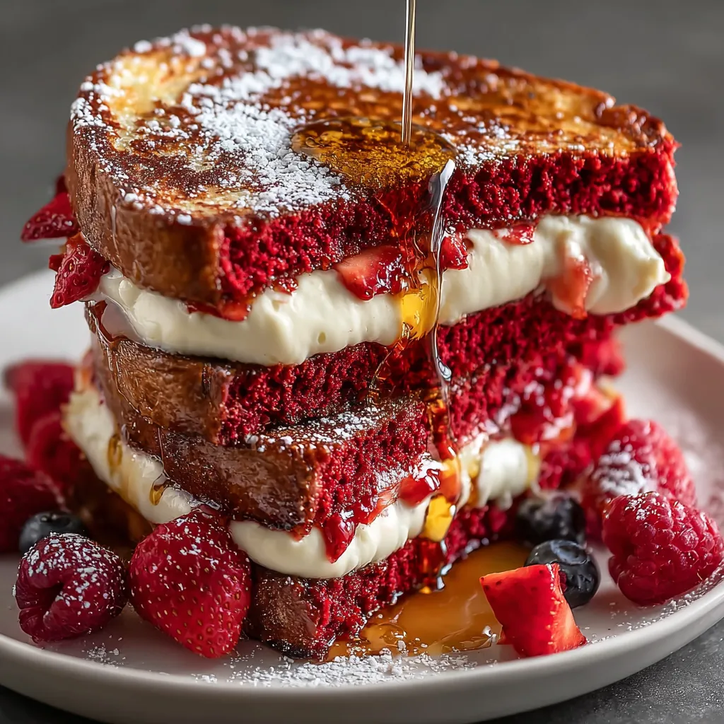 A stack of red velvet french toast with cream cheese.