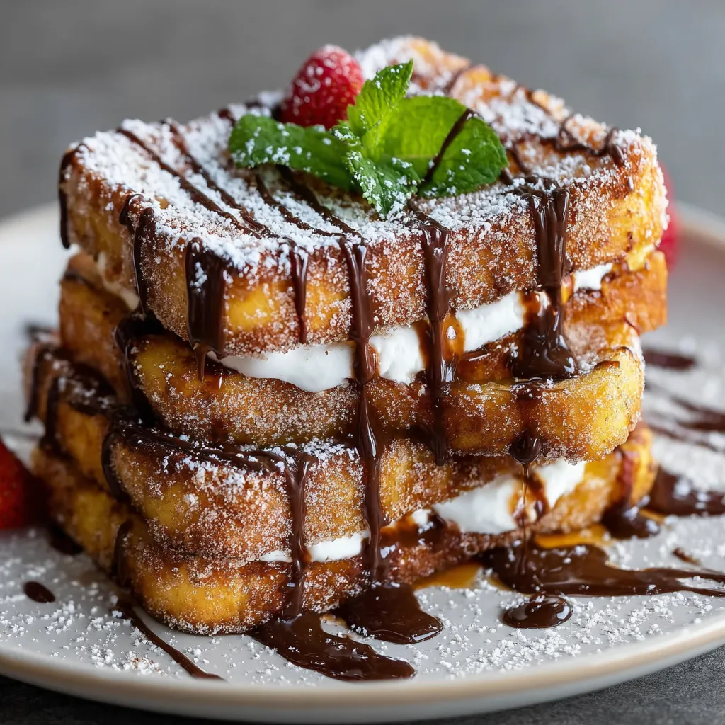 A stack of churro stuffed french toast.
