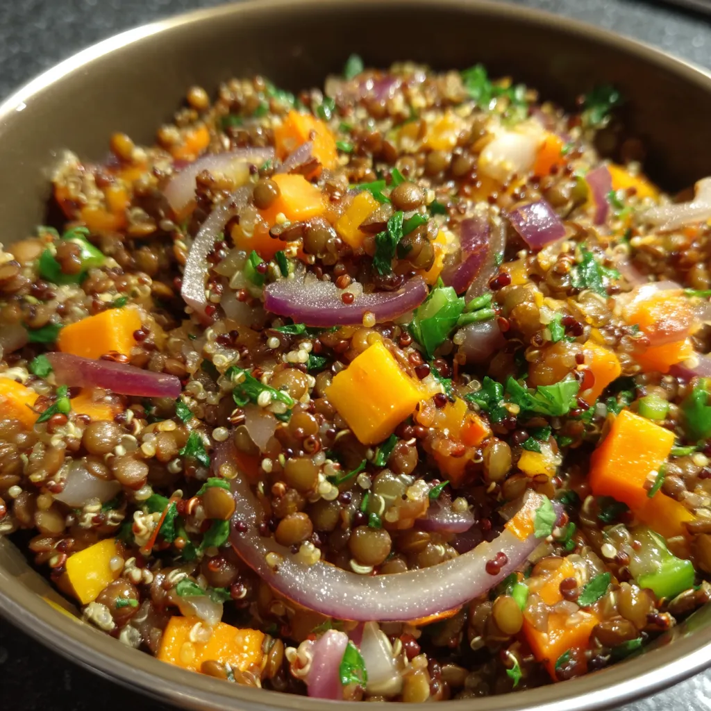 A bowl of food with a variety of vegetables and quinoa.