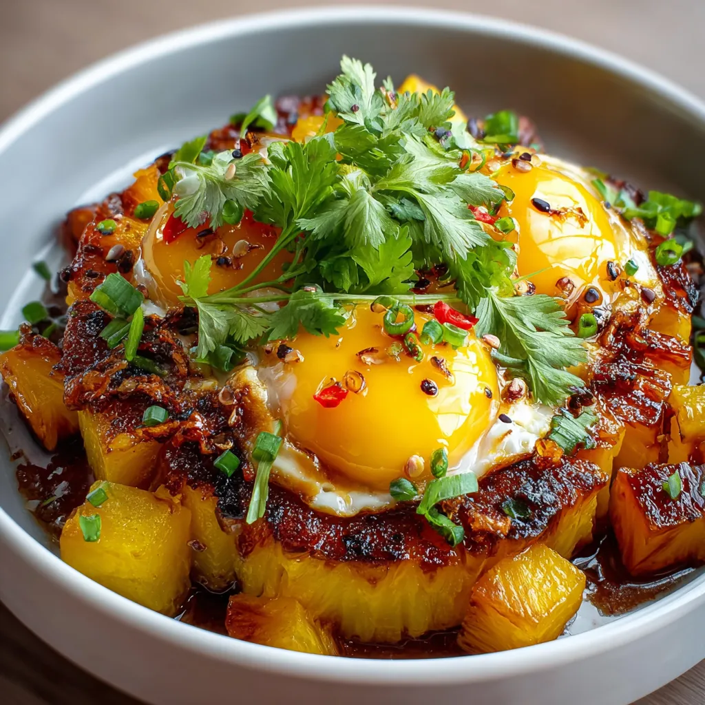 A plate of food with a fried egg on top of a piece of caramelized pineapple.