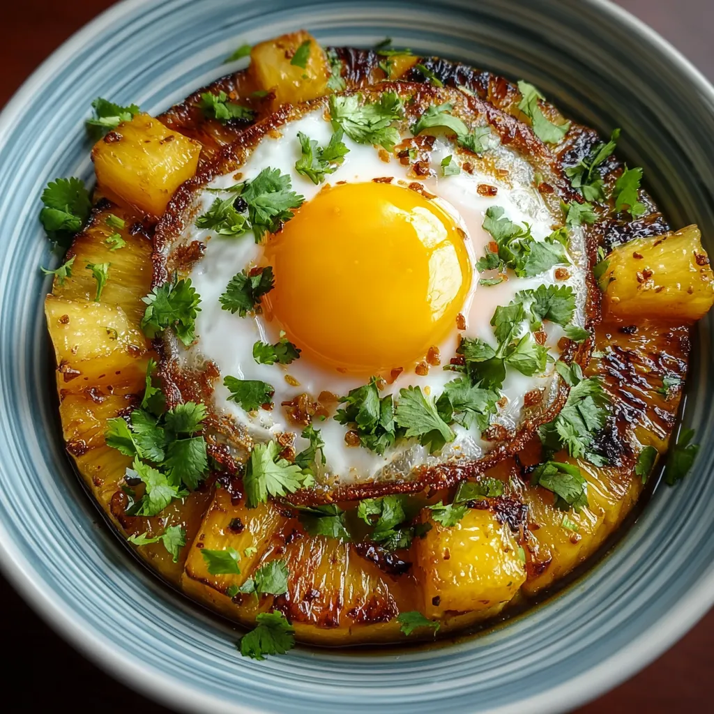 A fried egg with a slice of pineapple on top.