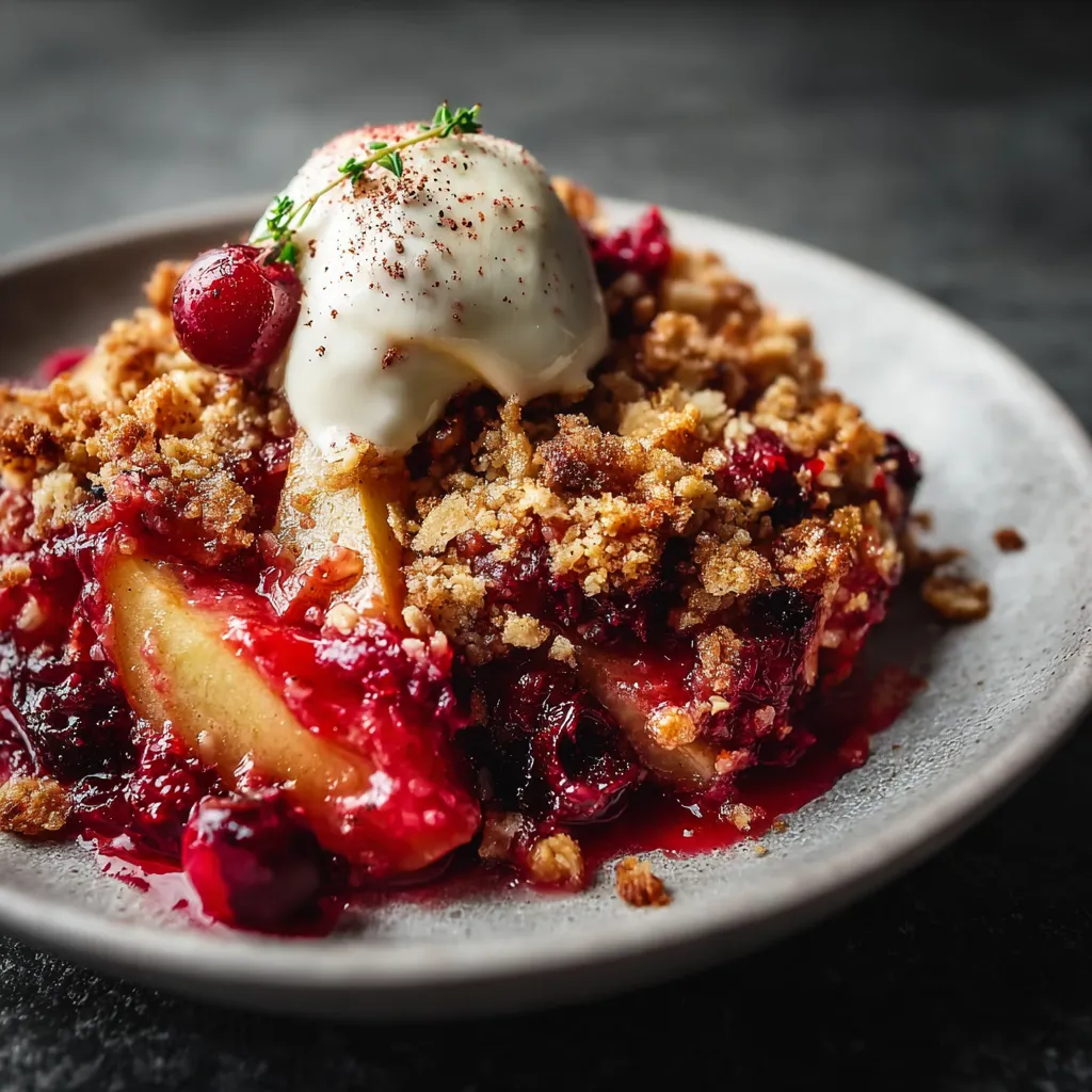 A close up of a pear and cranberry crisp.
