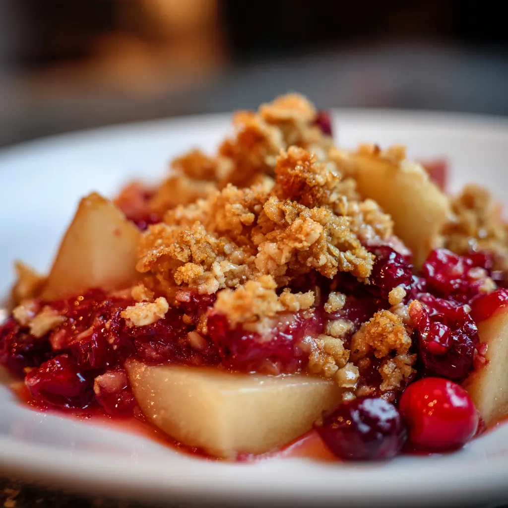 A plate of pear and cranberry crisp.