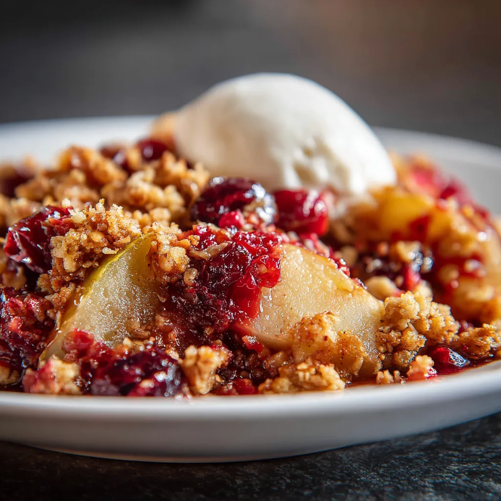 A bowl of pear and cranberry crisp.