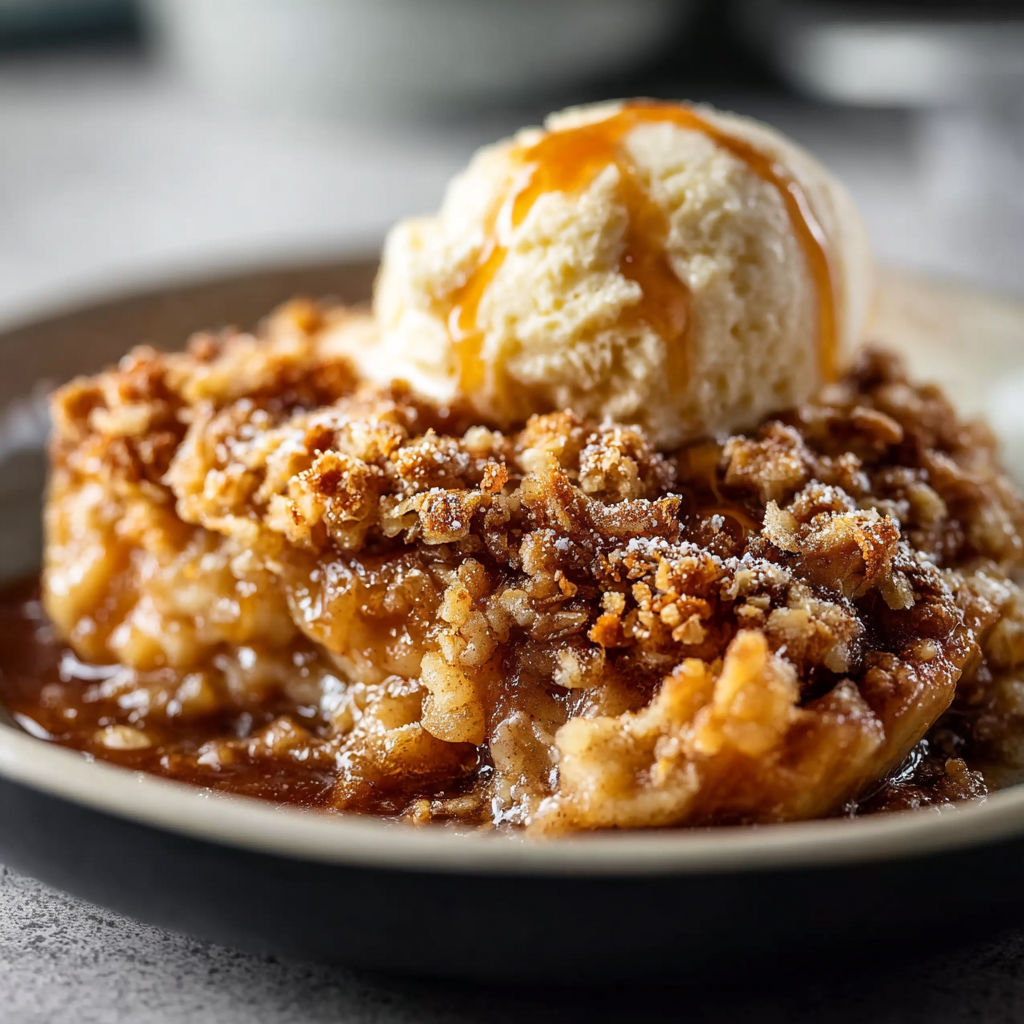 A delicious apple crisp dessert with a scoop of ice cream on top.