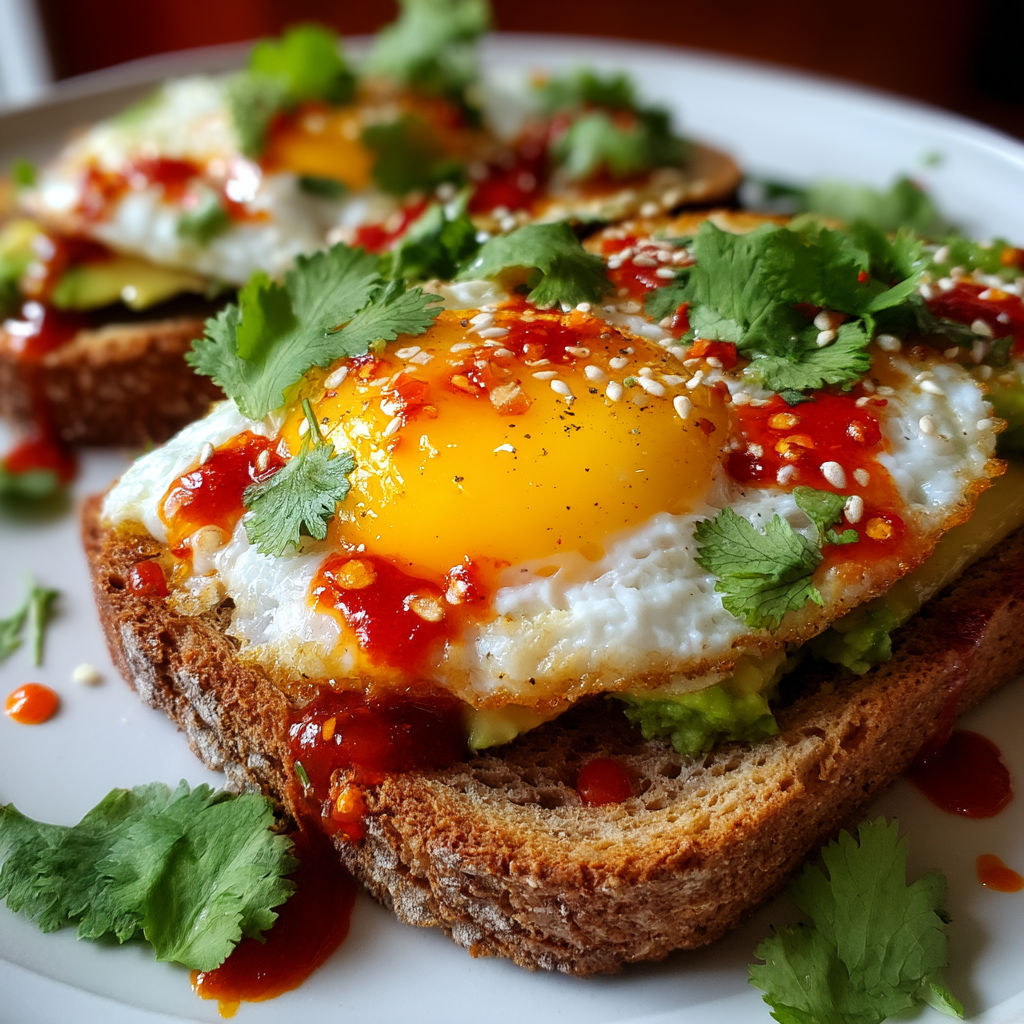 A sweet chili avocado egg toast on a white plate.