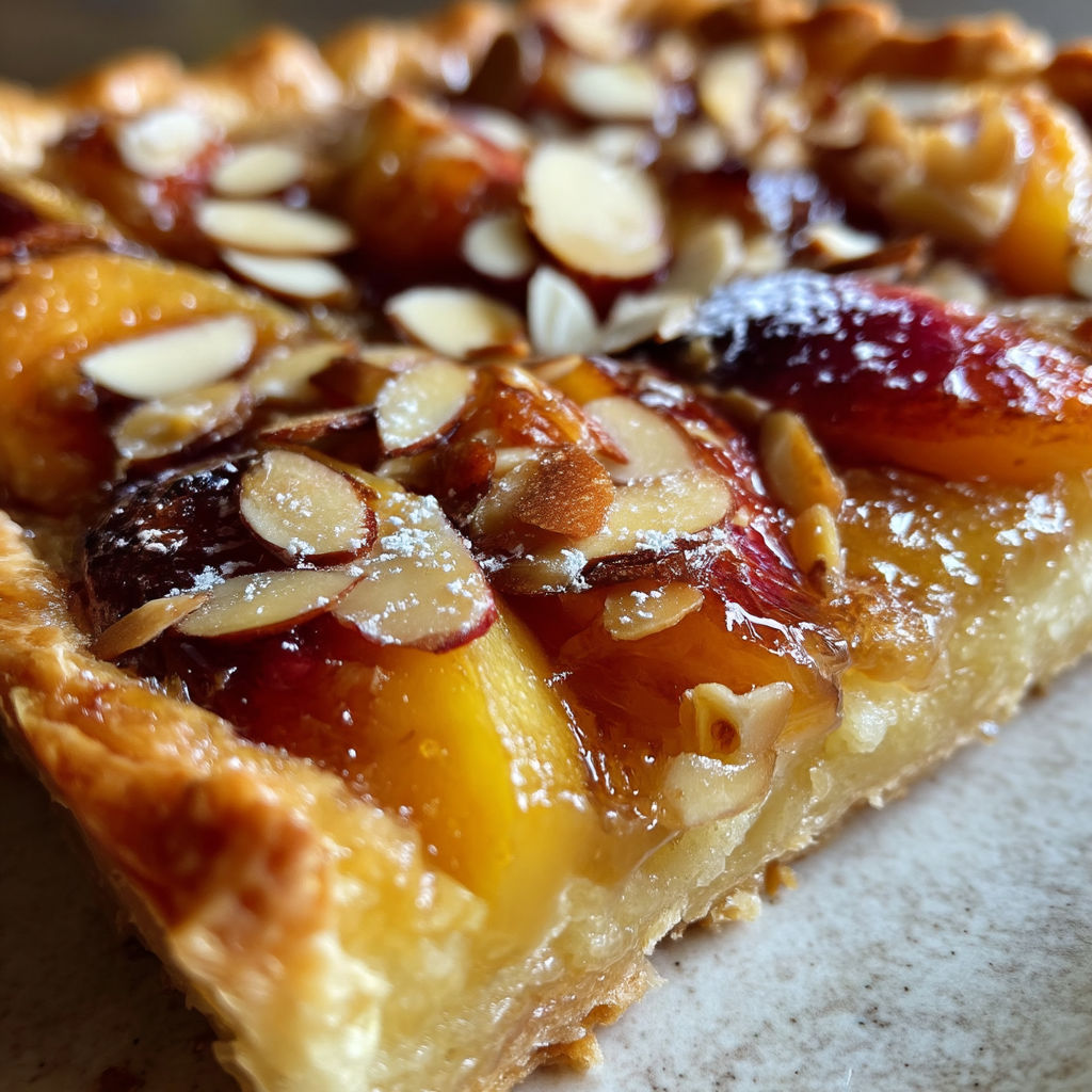 A slice of a roasted peach and almond breakfast tart.