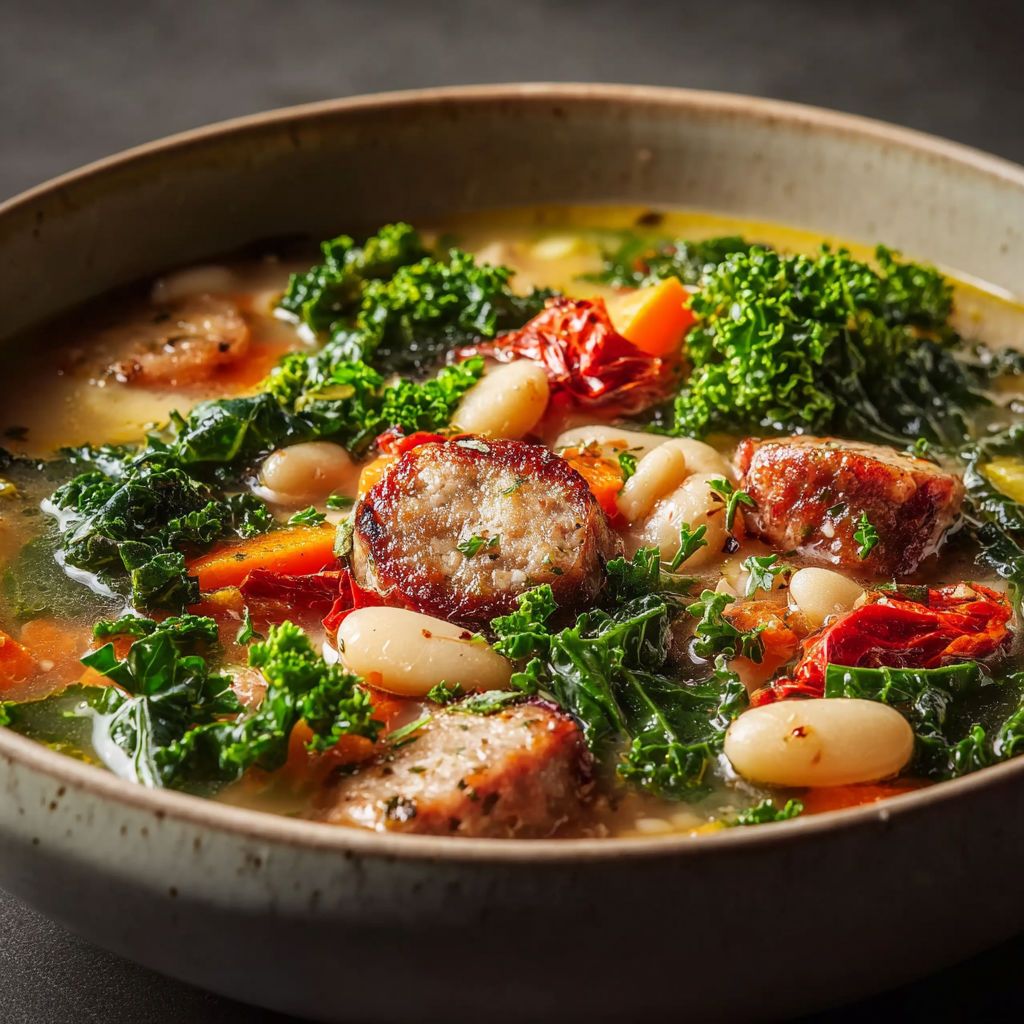 A bowl of soup with sausage, white beans, and kale.