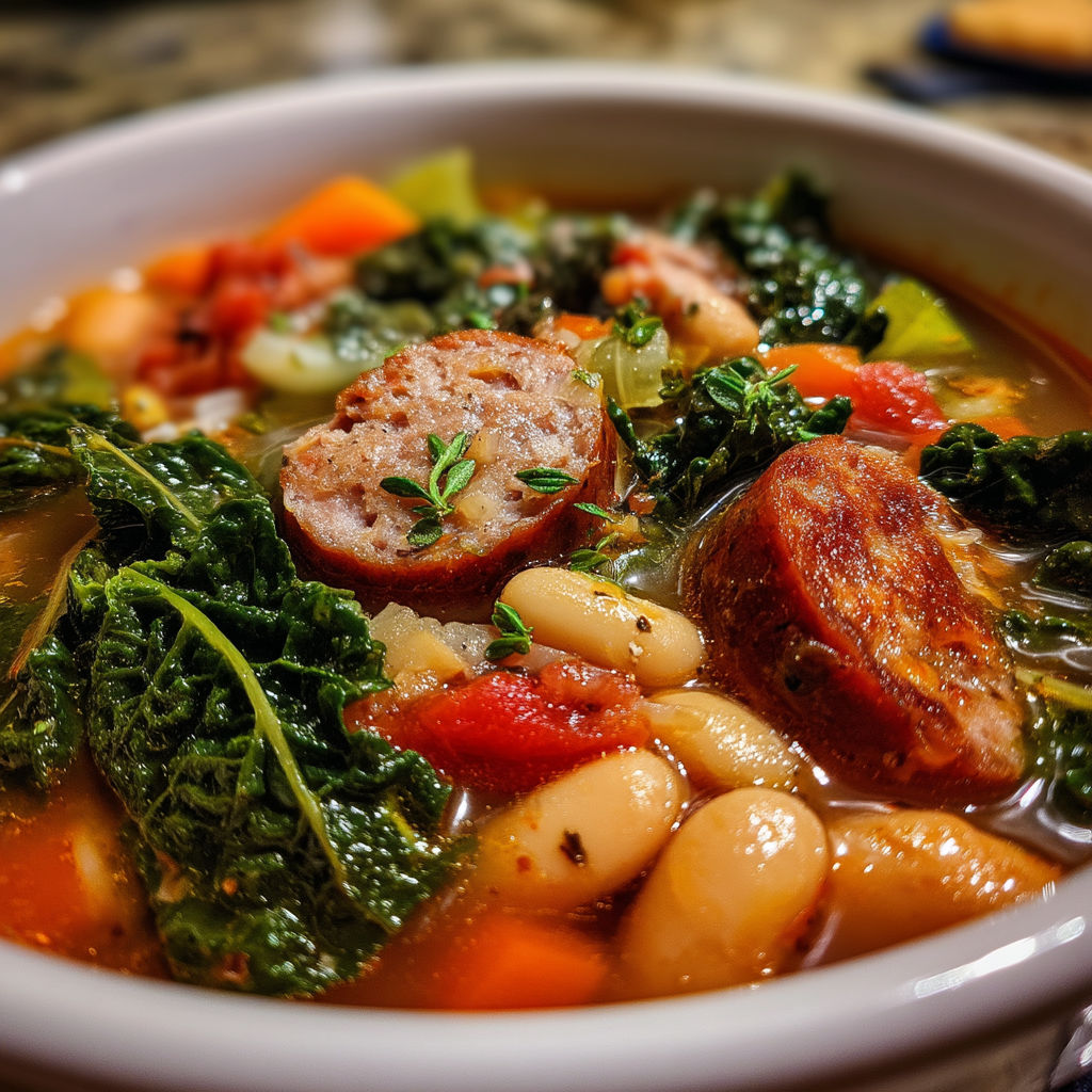 A bowl of soup with a sausage in it.