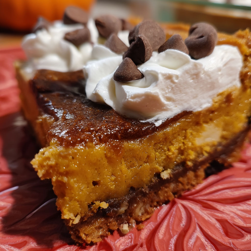 A slice of pumpkin pie with whipped cream on top.