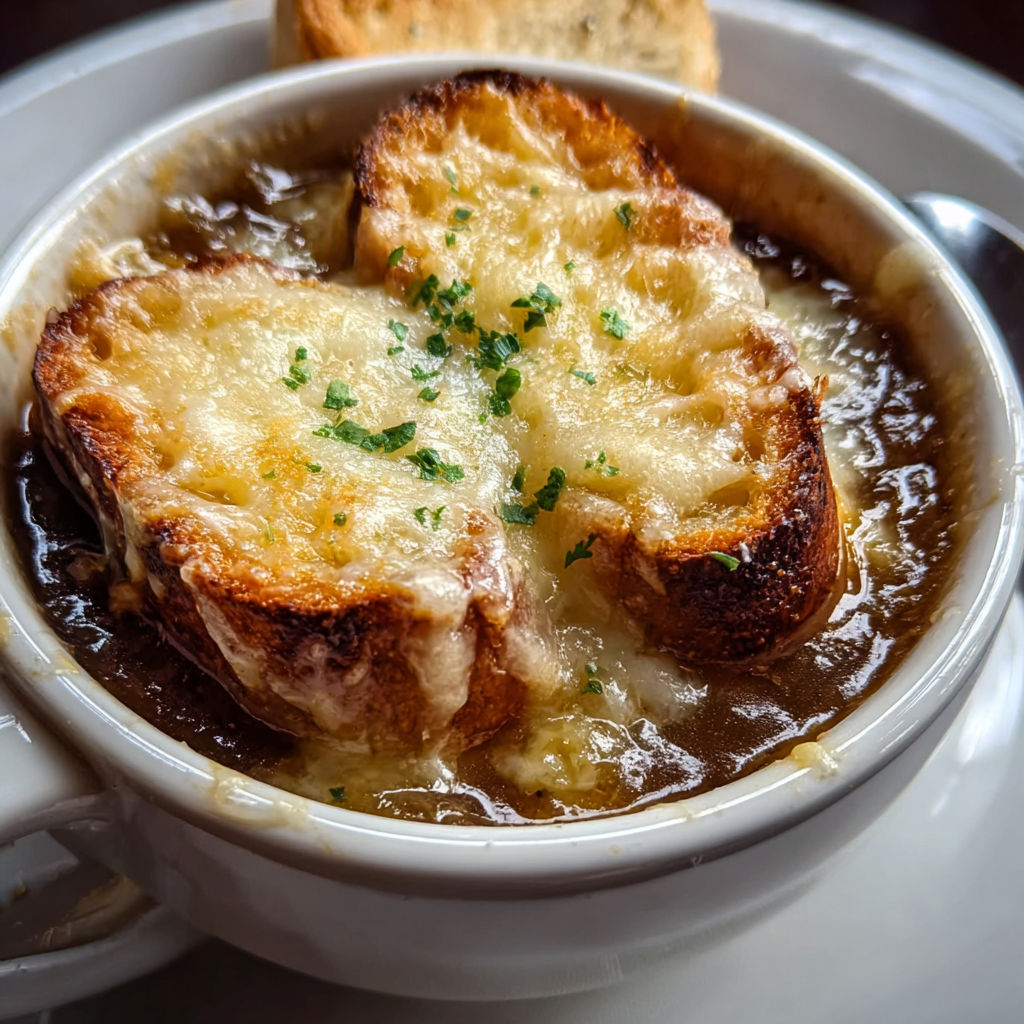 A bowl of soup with a slice of bread in it.