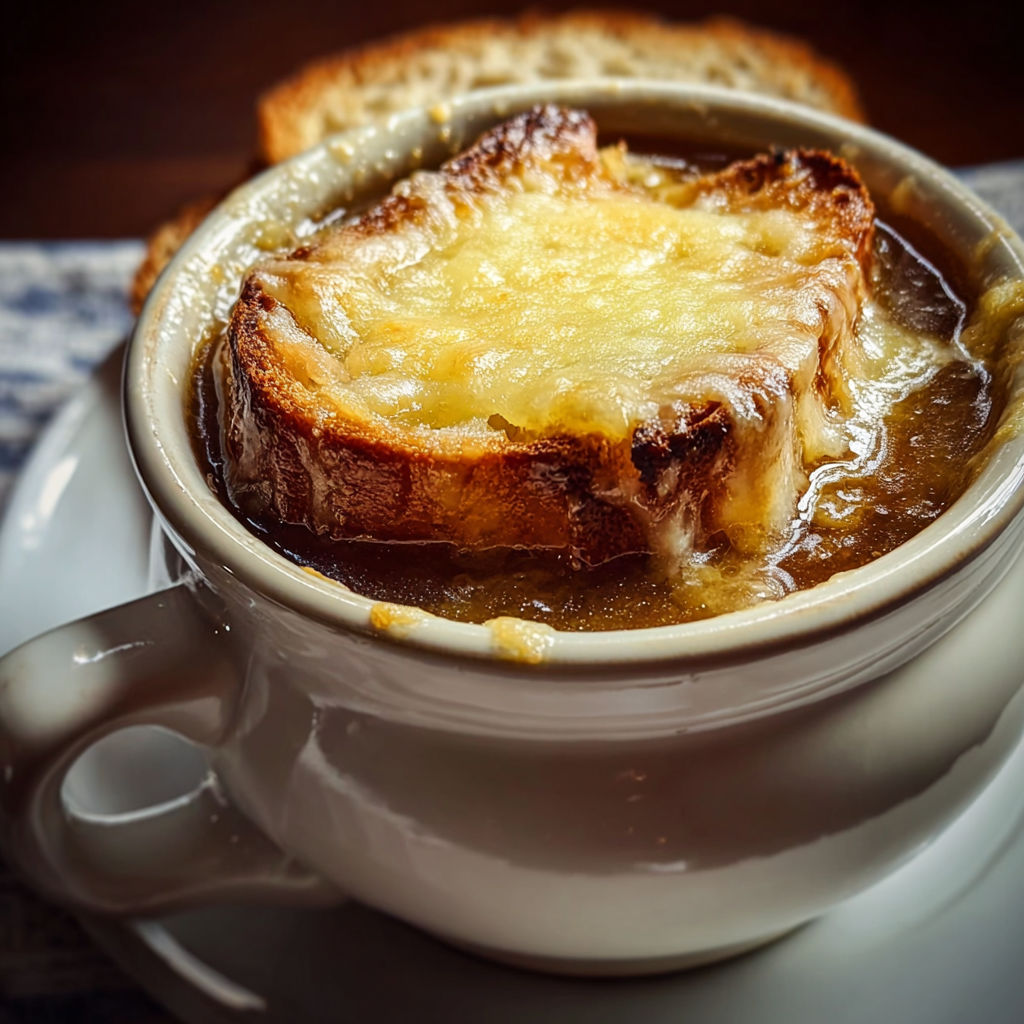 A bowl of soup with a piece of bread in it.