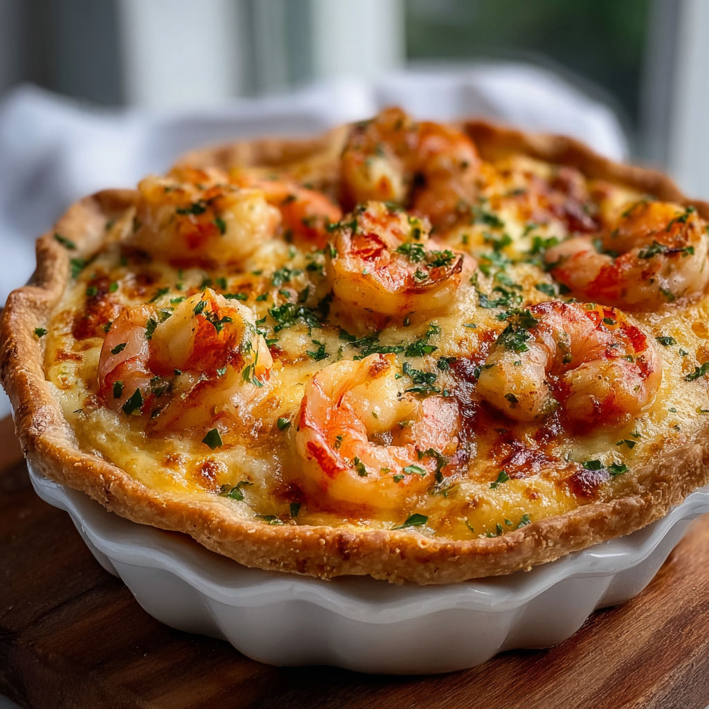 A white bowl with a shrimp and cheese dish.
