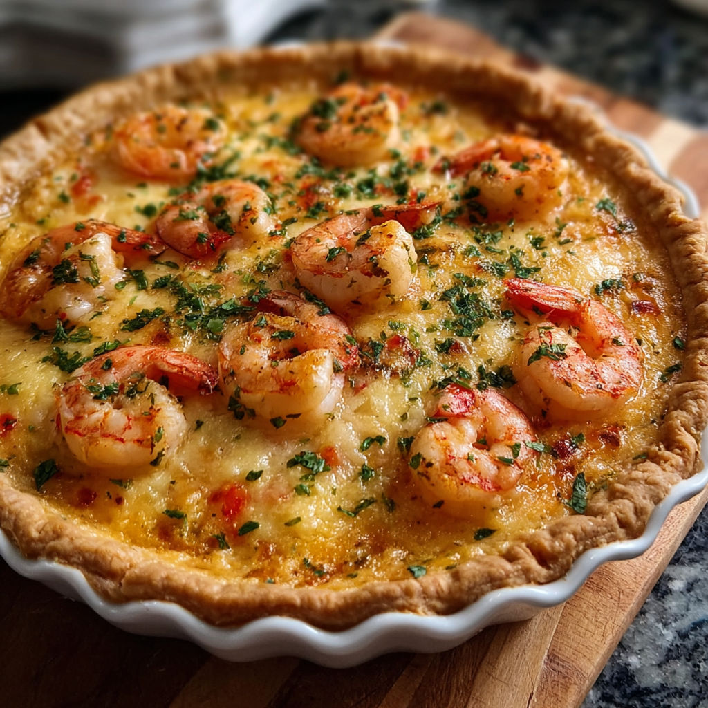 A delicious looking seafood dish with shrimp and cheese.