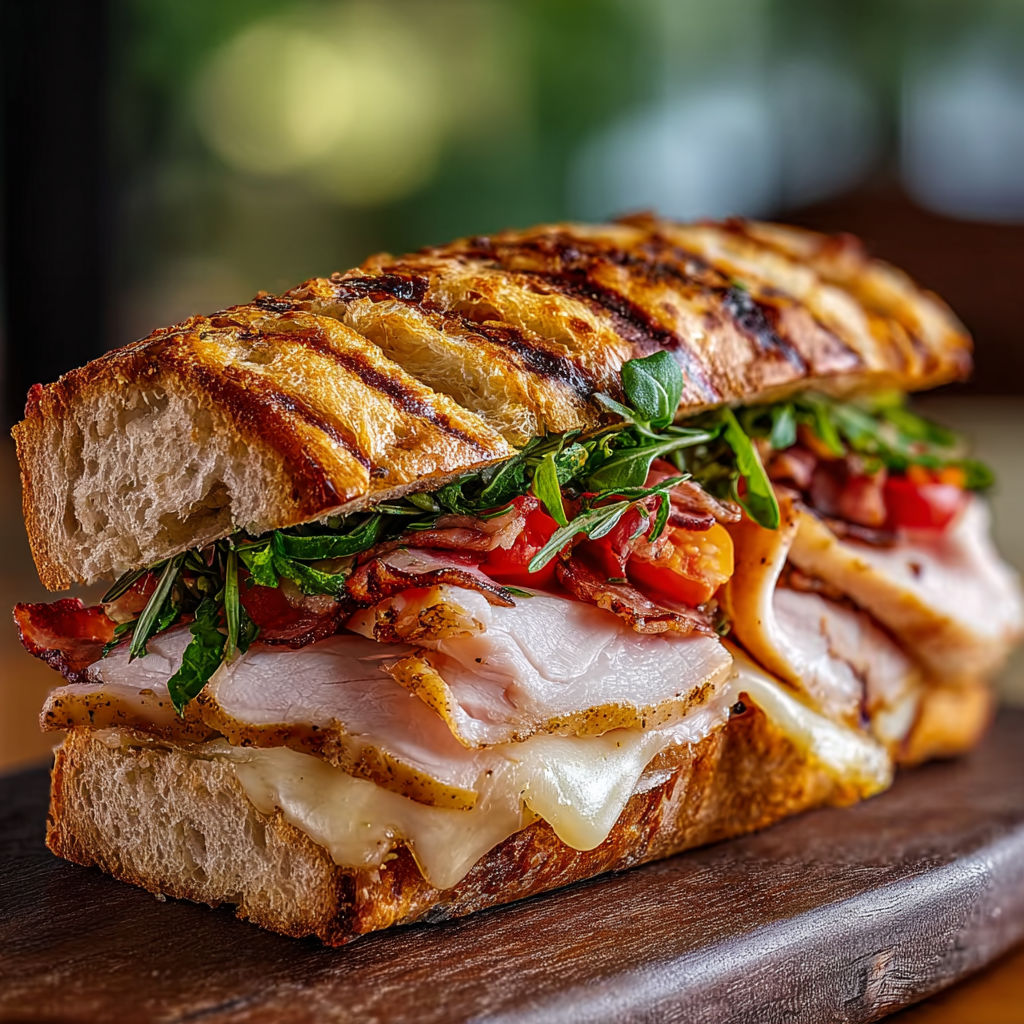 A sandwich with meat, lettuce, tomato, and cheese.