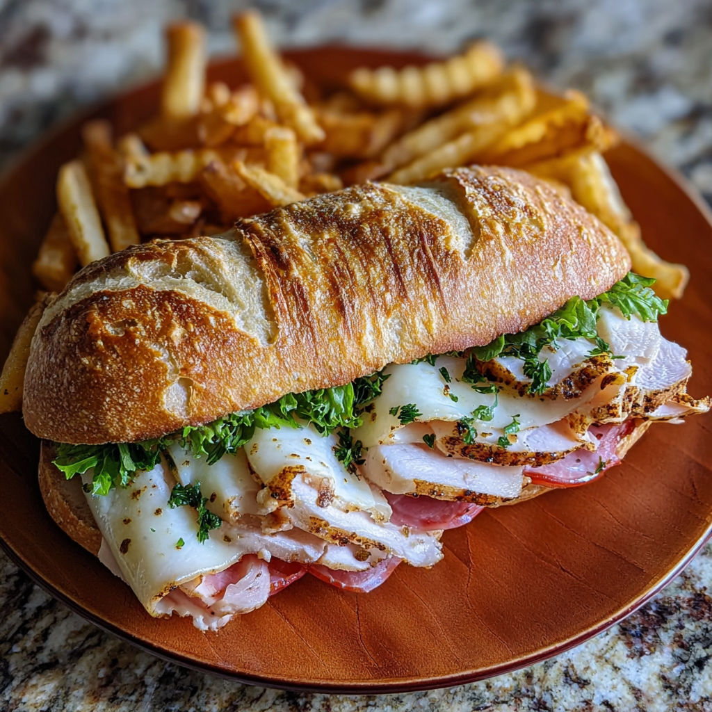 A sandwich with meat, lettuce, and fries.