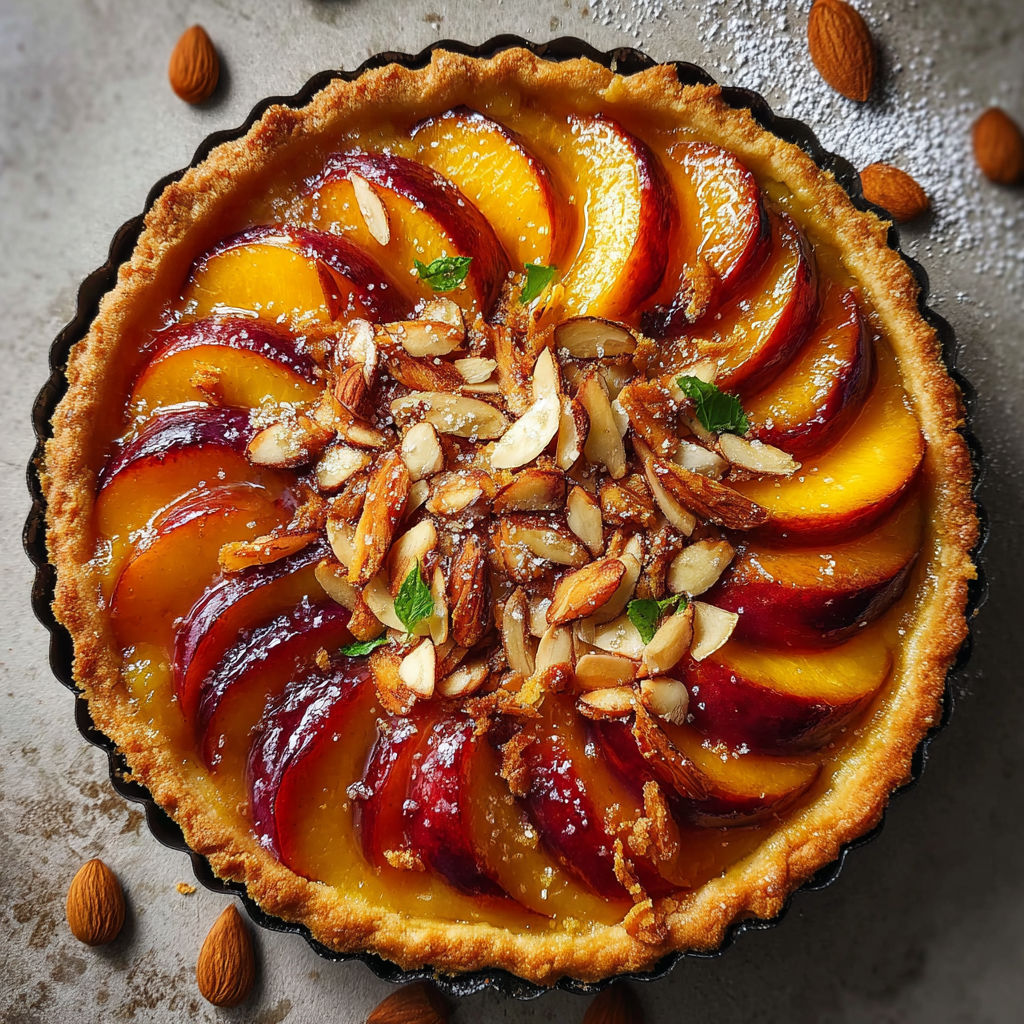 A pie with a crust and a filling of peaches and nuts.