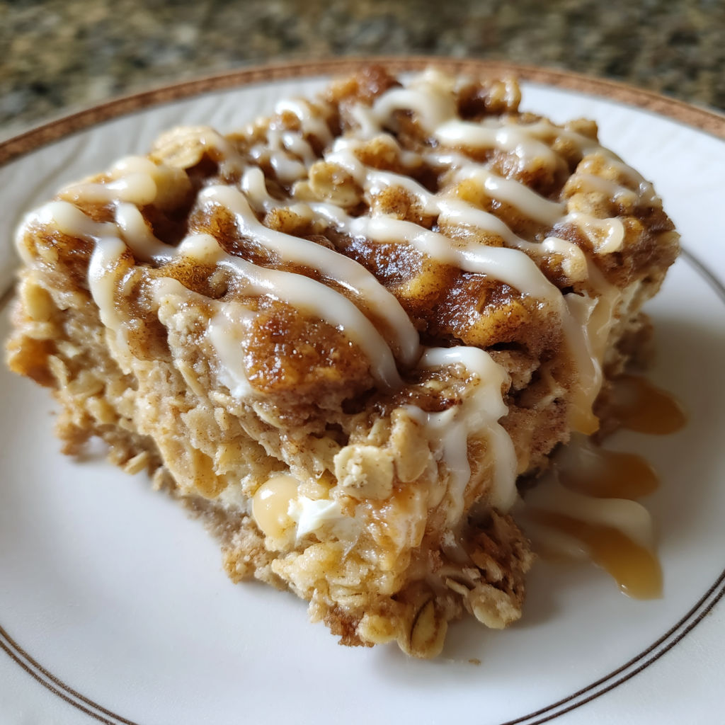 A cinnamon roll oatmeal bake with cream cheese swirl.