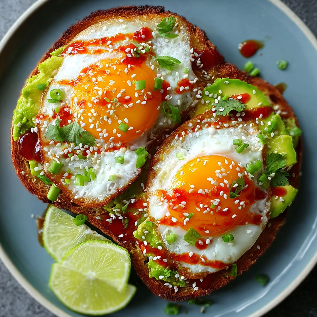 Sweet chili avocado egg toast on a plate.