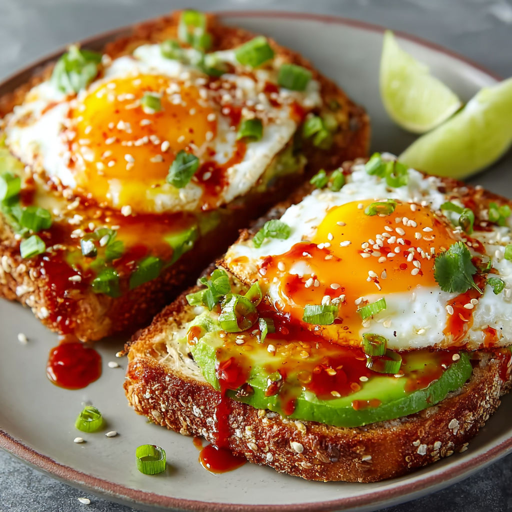 Sweet chili avocado egg toast on a plate.