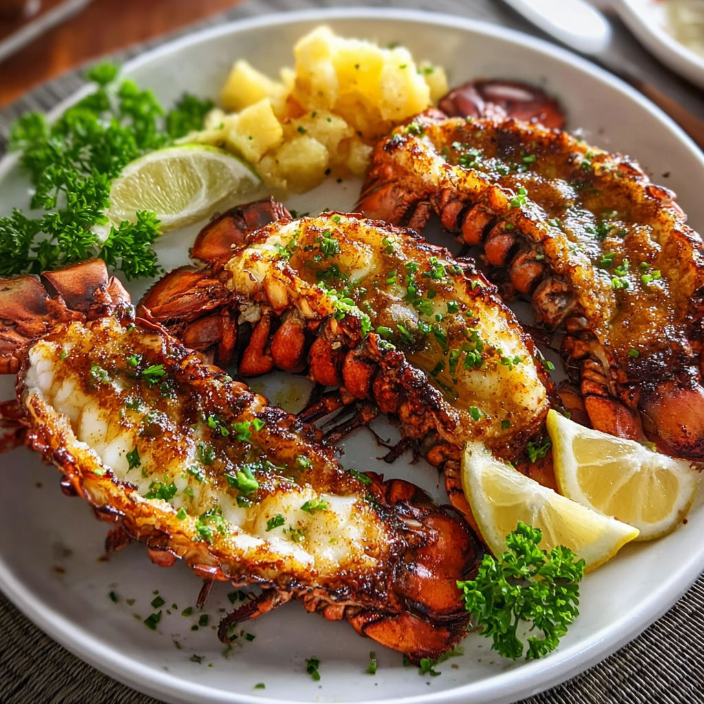 A plate of broiled lobster with lemon and herbs.