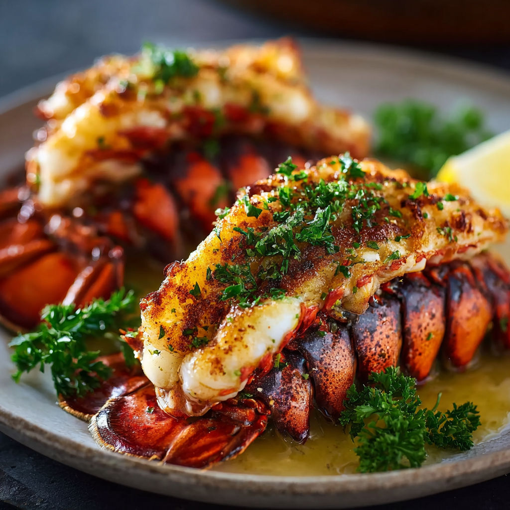 A plate of broiled lobster with herbs and lemon.