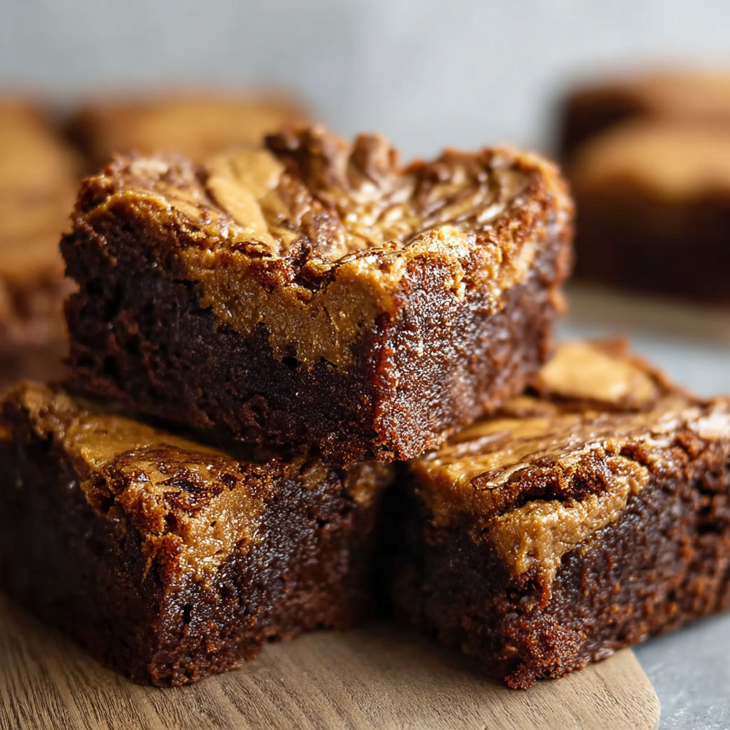 A stack of brownies with a caramel topping.