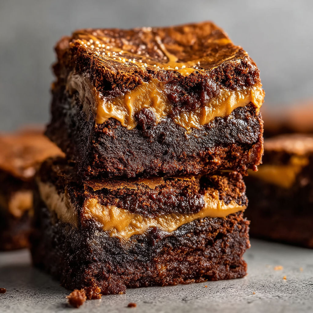 A close up of a delicious chocolate brownie with peanut butter and caramel drizzled on top.