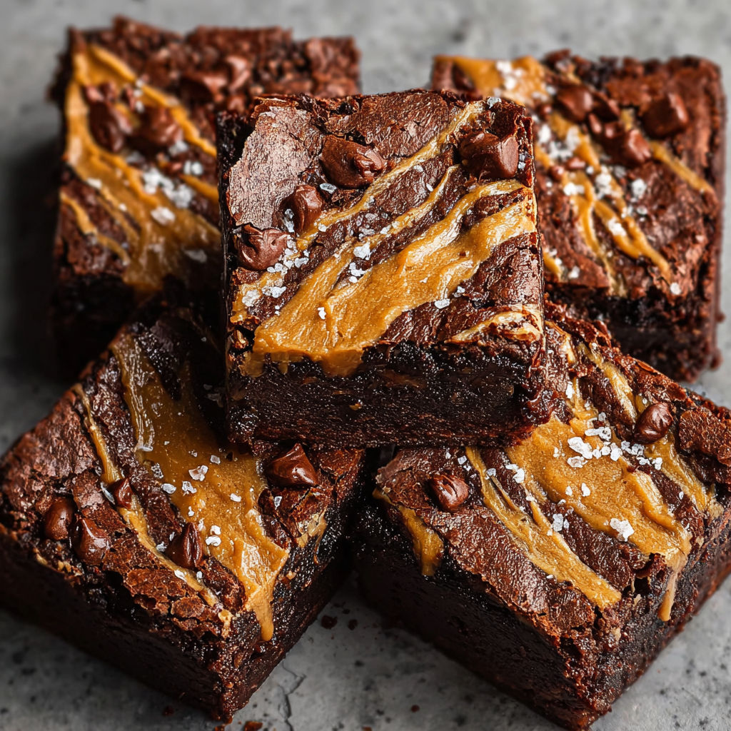 A stack of brownies with caramel drizzle.