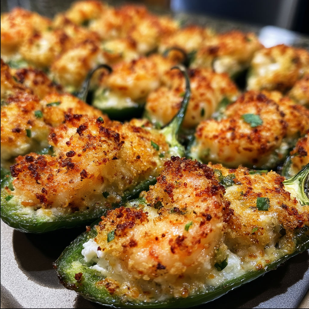 Shrimp stuffed jalapeno poppers on a plate.