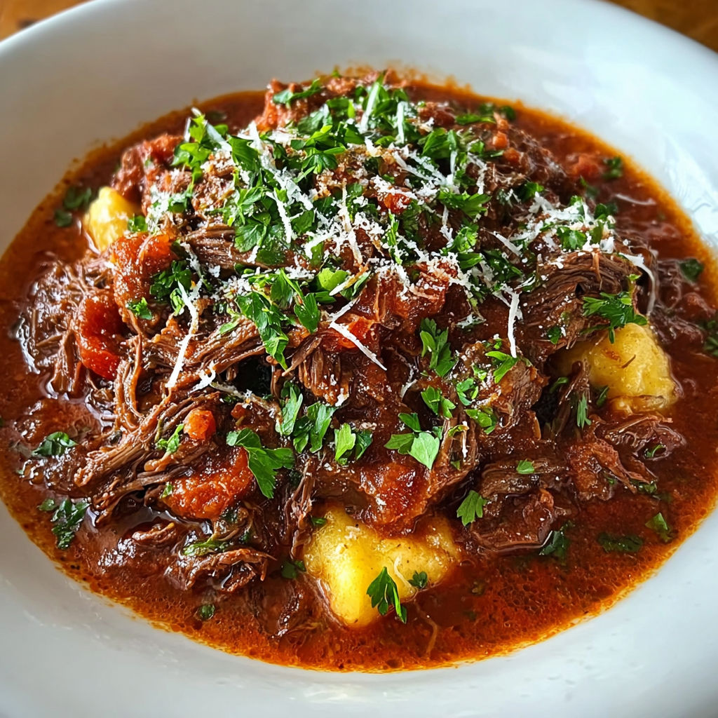 A bowl of beef stew with cheese and herbs.