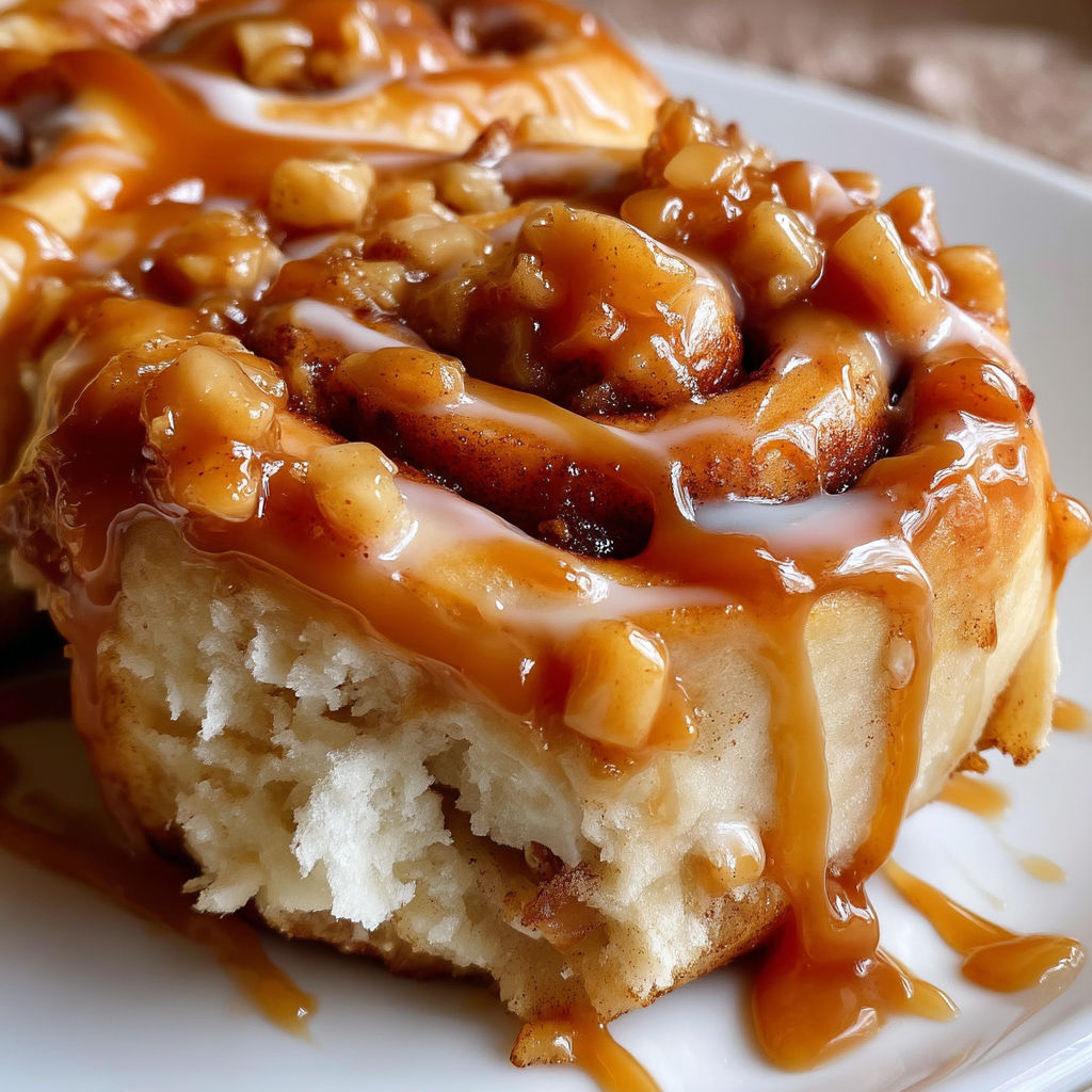 A close up of a cinnamon roll with caramel glaze.