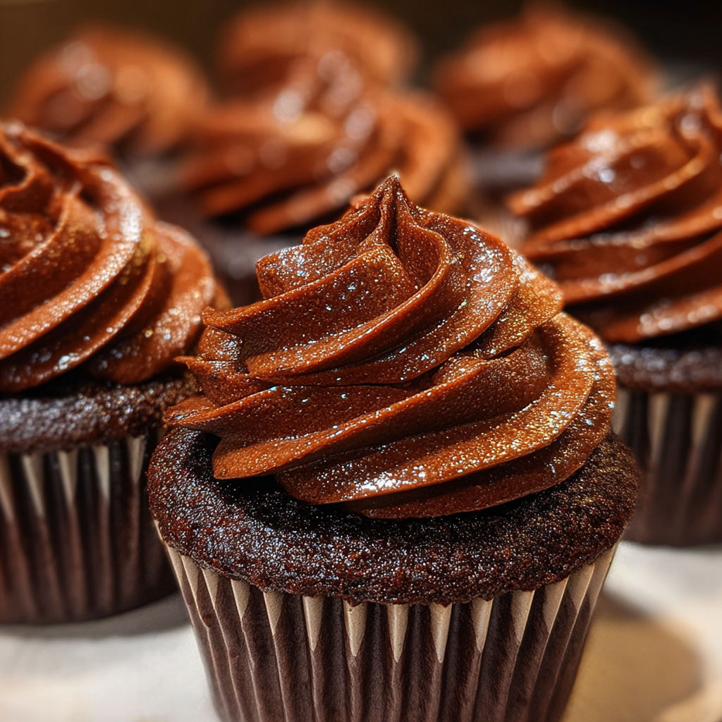 Chocolate cupcake with frosting and sprinkles.