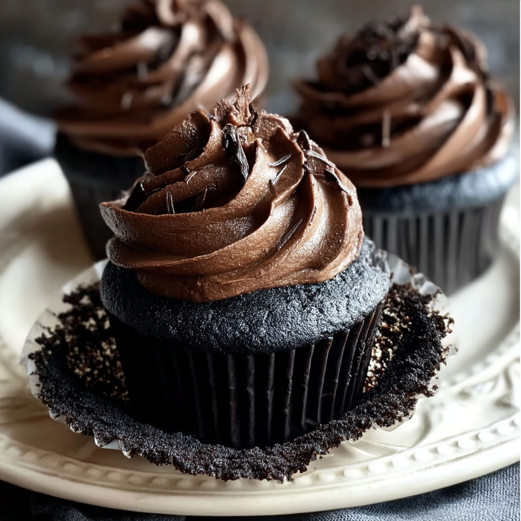 A chocolate cupcake with chocolate frosting and chocolate sprinkles.
