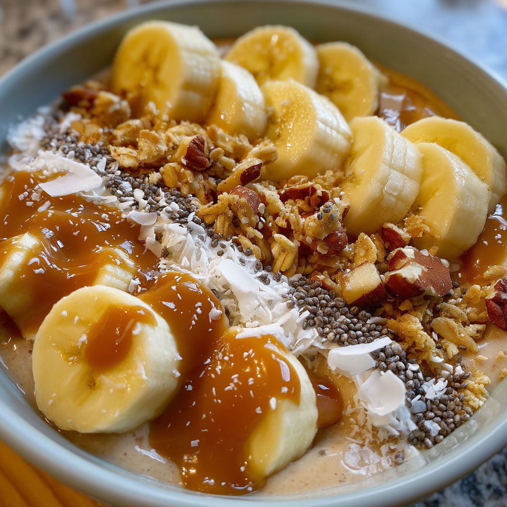 A bowl of fruit with a caramel sauce.