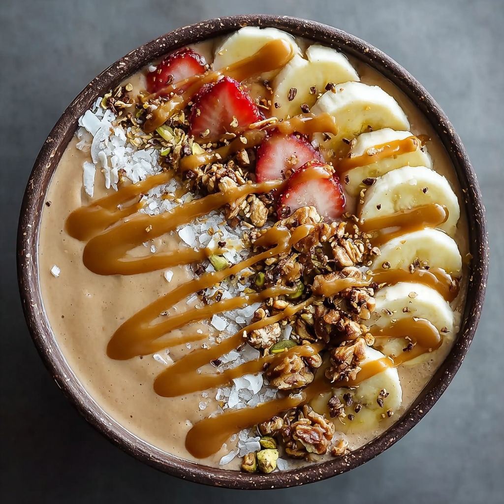 A bowl of bananas and strawberries with a caramel sauce drizzled on top.