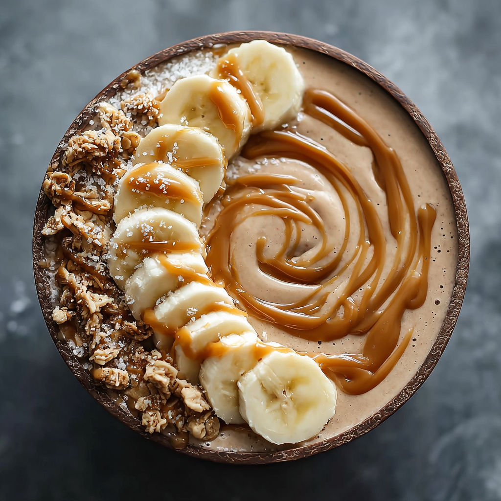 A smoothie bowl with bananas and caramel.