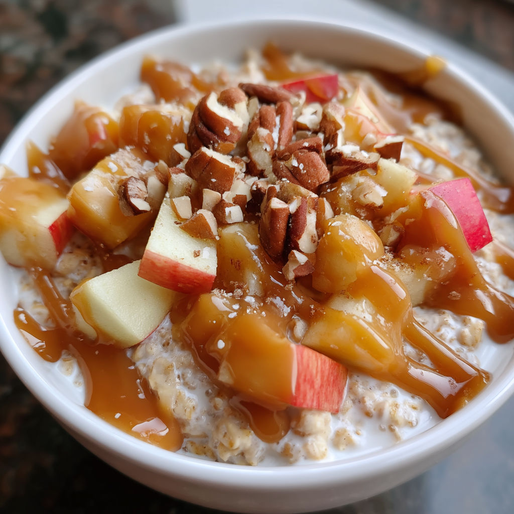 A bowl of oatmeal with apples and nuts.