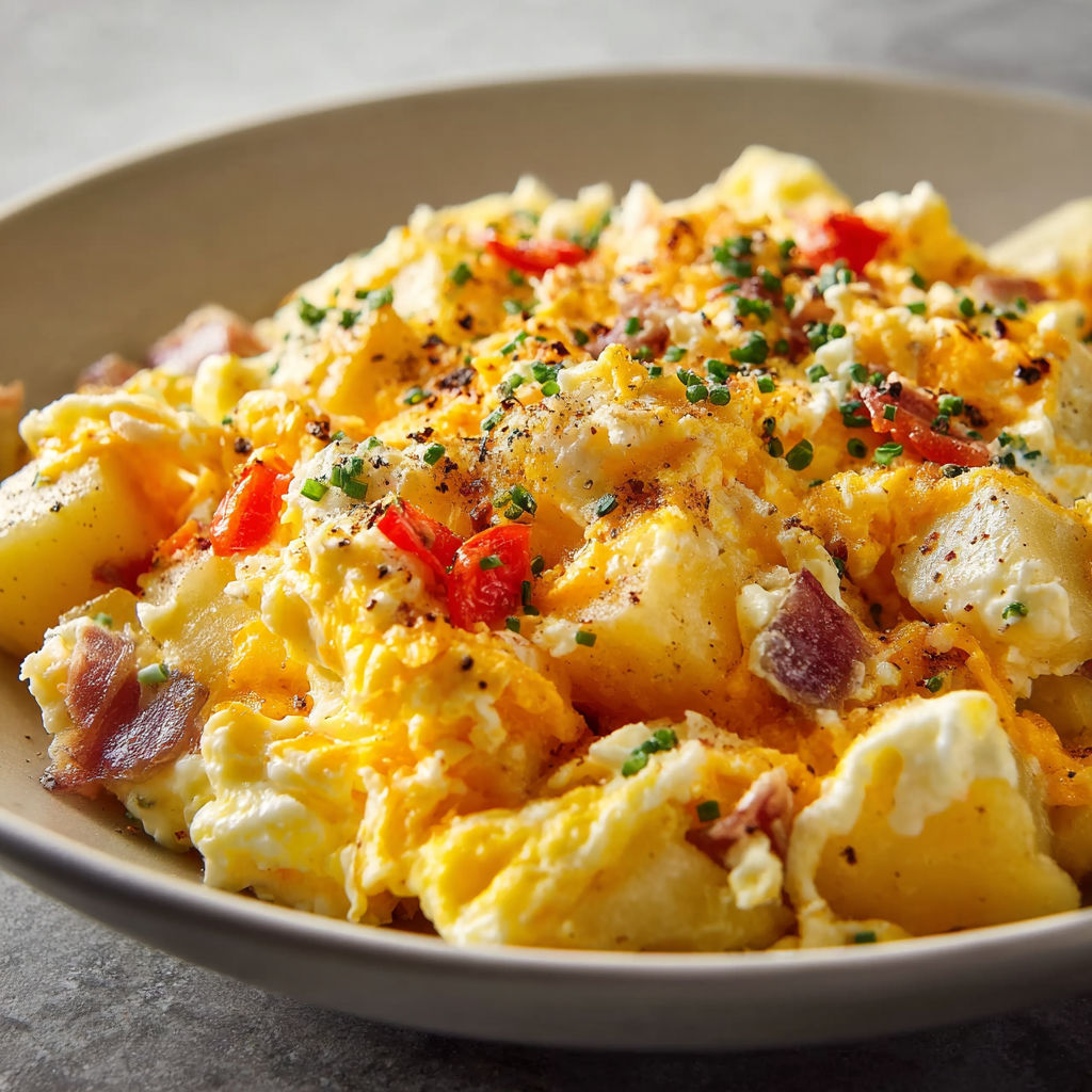 A bowl of scrambled eggs with potatoes and cheese.