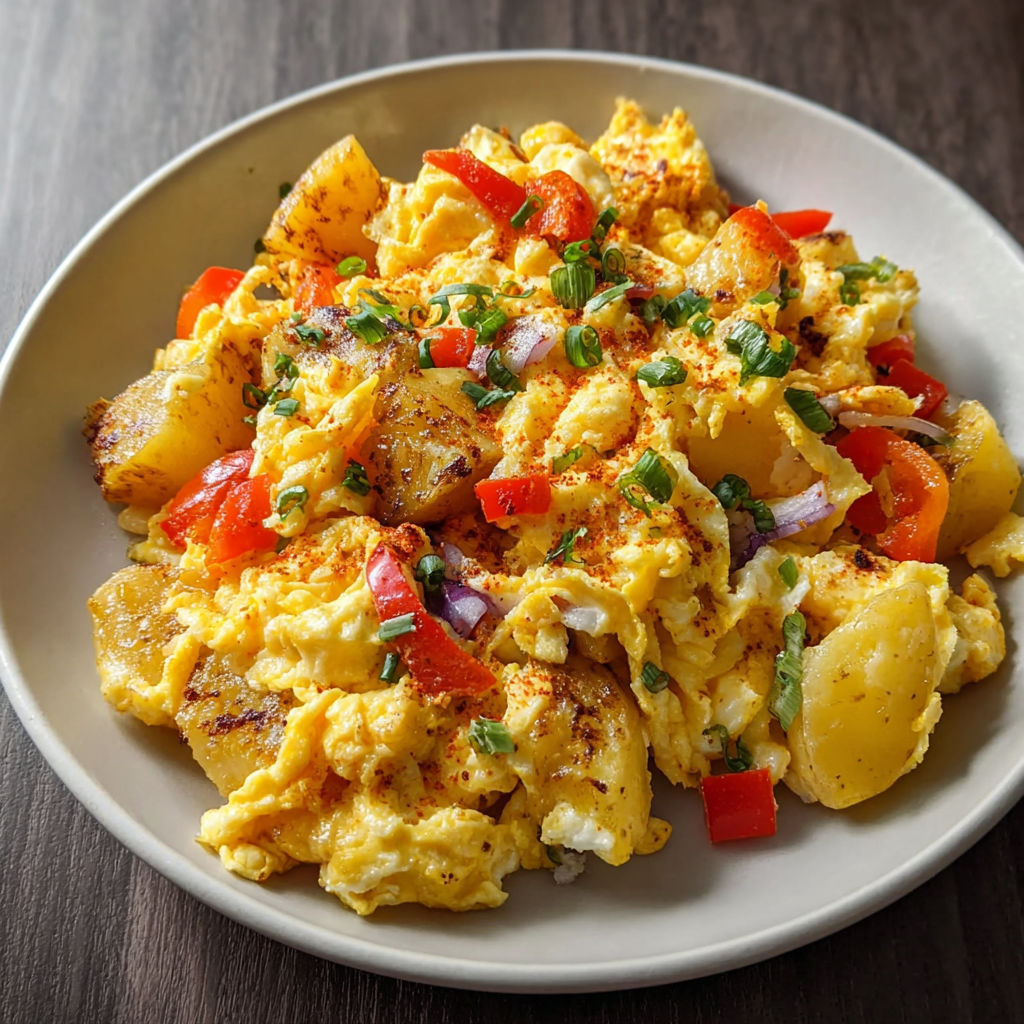A plate of food with potatoes, peppers, and onions.