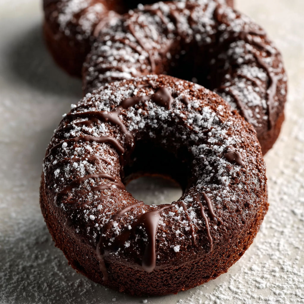 Two homemade chocolate old-fashioned doughnuts with powdered sugar.