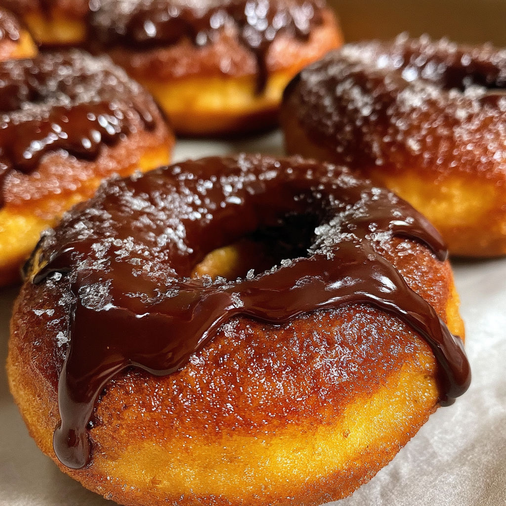 A close up of a chocolate doughnut with chocolate drizzled on top.