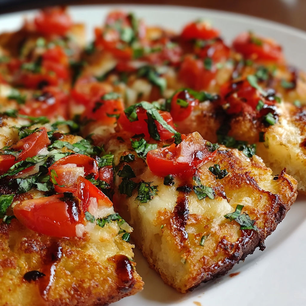 A slice of Bruschetta pizza with tomatoes and basil.