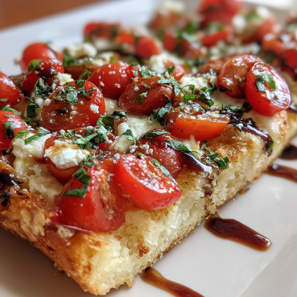 A slice of bruschetta pizza with tomatoes and cheese.