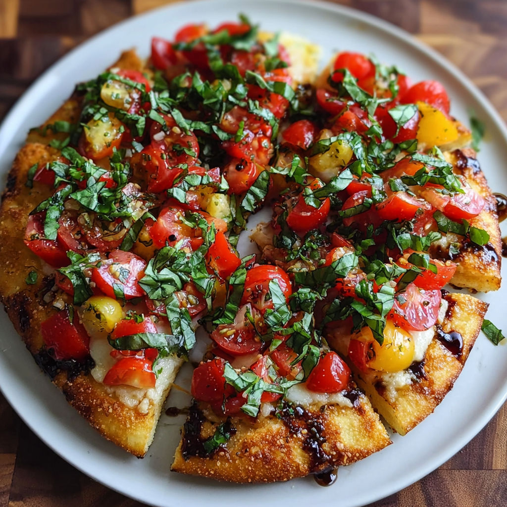 A pizza with tomatoes and basil on a white plate.