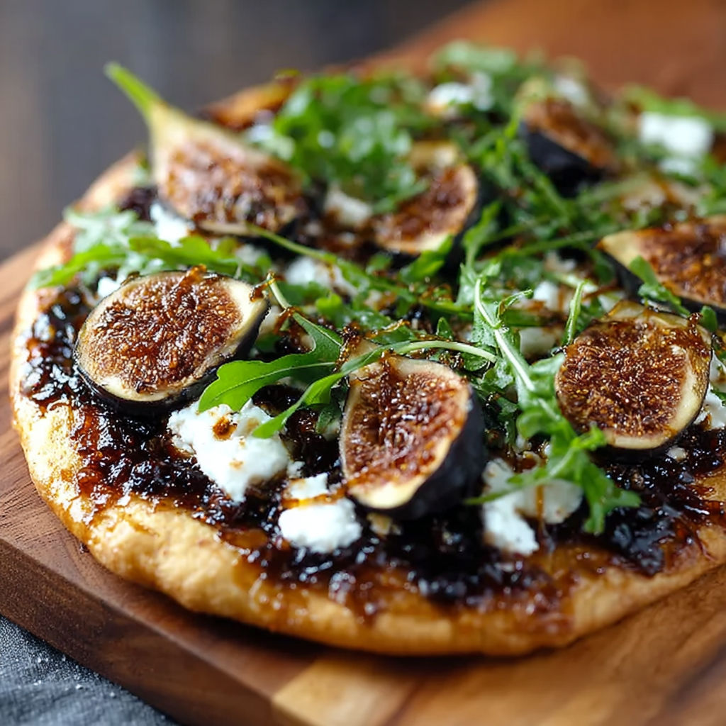 A pizza with figs and greens on top.