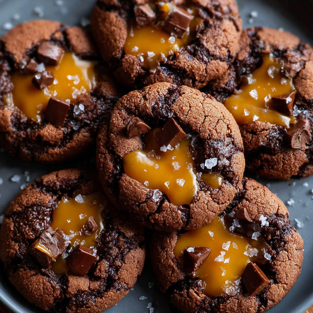 A plate of chocolate chip cookies with caramel drizzle.