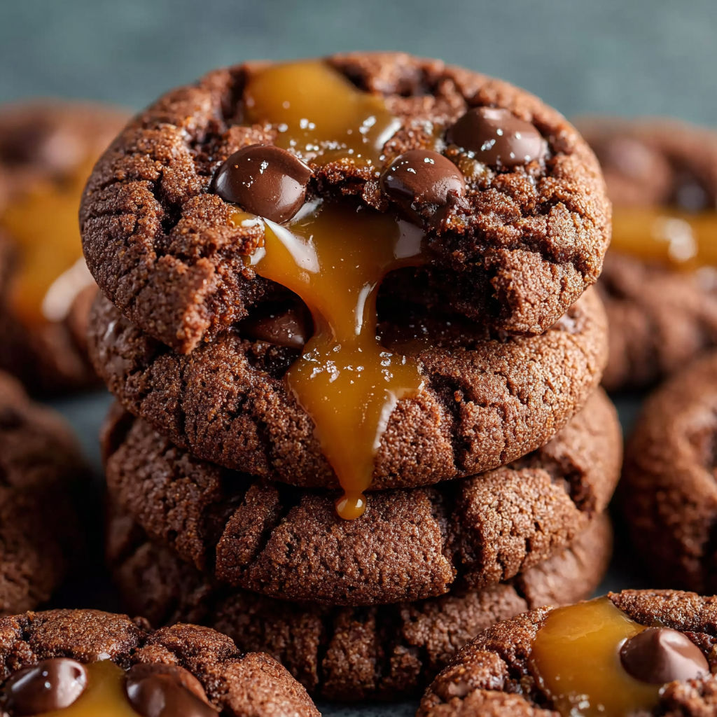 Chocolate chip cookies with caramel drizzle.